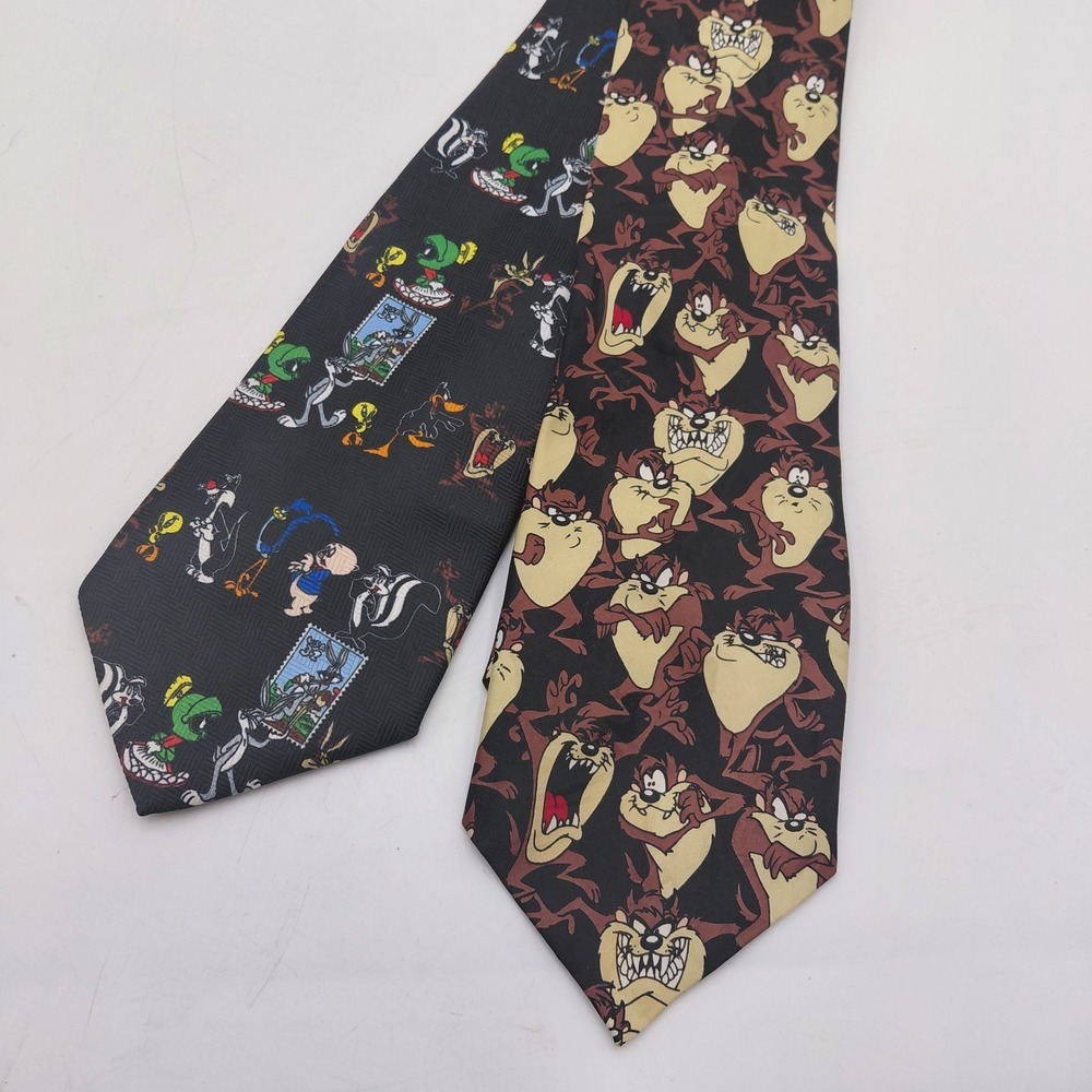 Vtg 90s Looney Tunes Neck Ties Lot 2 Taz Bugs Bunny Marvin Martian Humor Cartoon